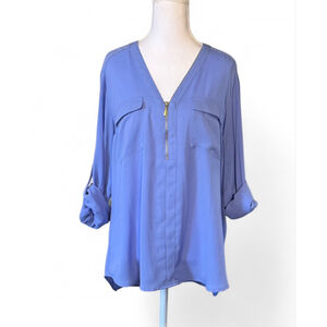 Express Blue (Periwinkle) Zip Front Portofino Blouse Size L Roll Tab Sleeve Top